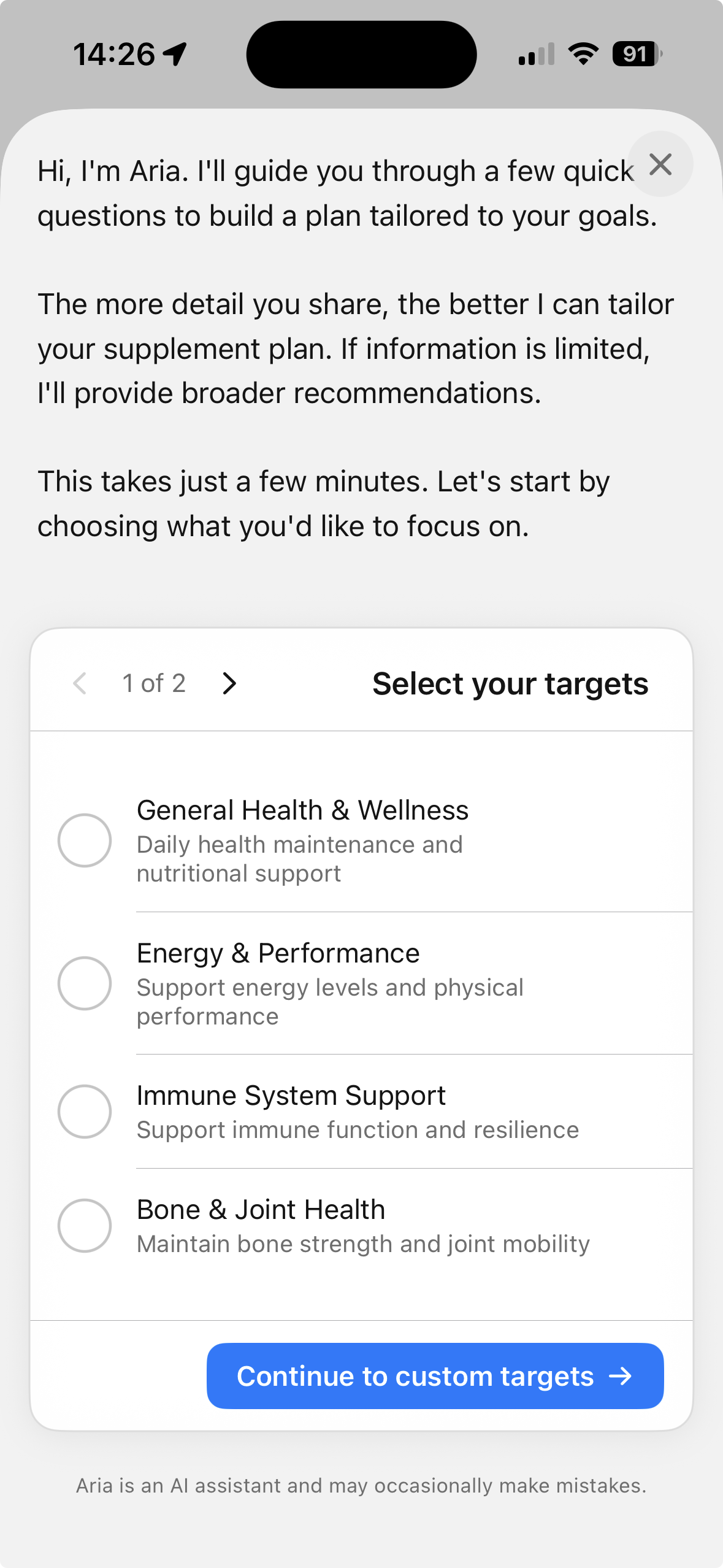 Aria — guided assessment, choose your targets