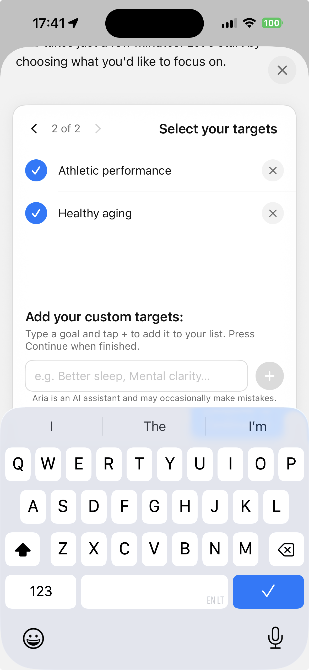Aria — choose common goals or add your own custom target