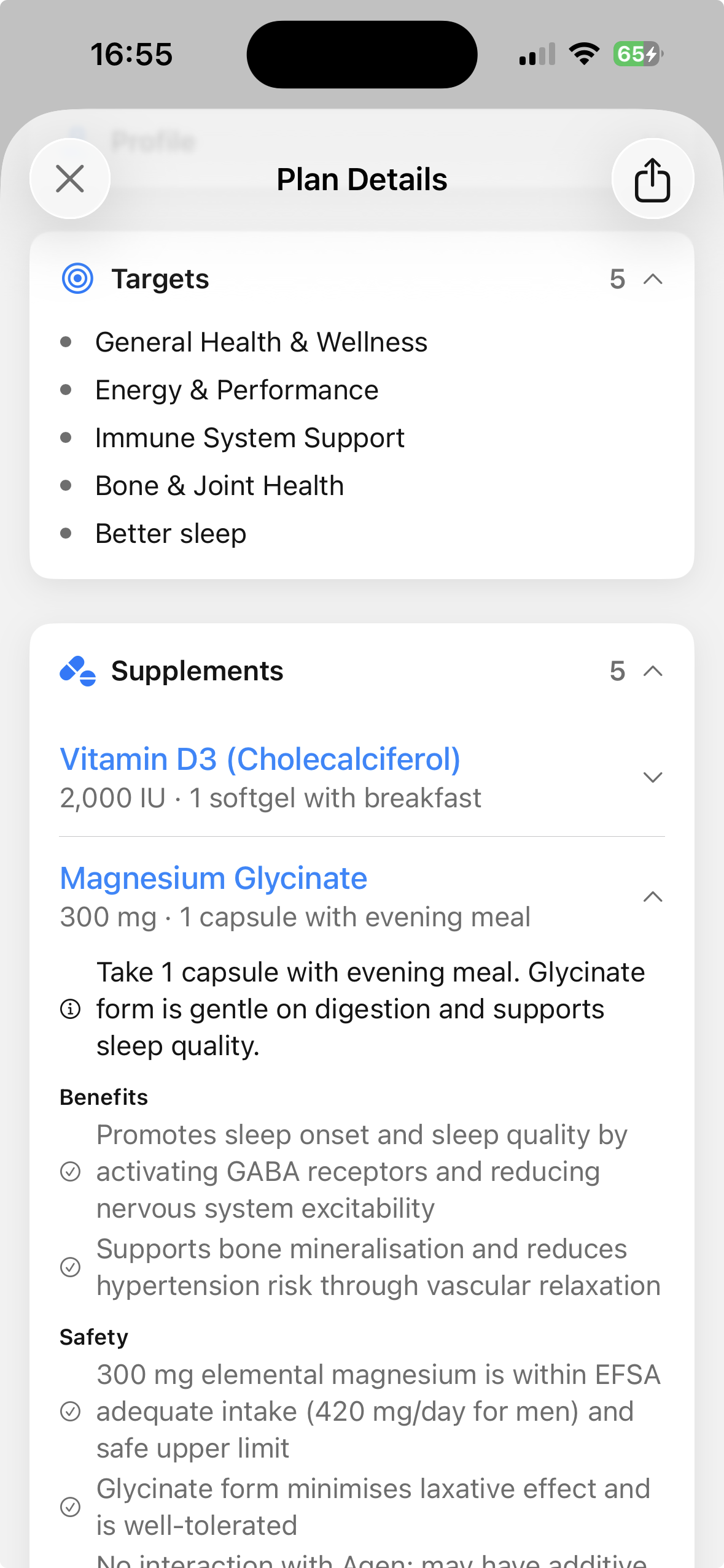 Plan Details — targets, supplements, benefits and safety